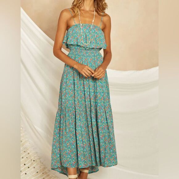Green Floral Ruffles Boho Dress - Picture 1 of 7